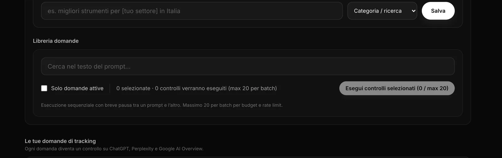 La coda dei prompt tracciati in RankDelta: ogni domanda d'acquisto diventa un controllo su ChatGPT, Perplexity e Panoramiche AI di Google, a lotti da 20