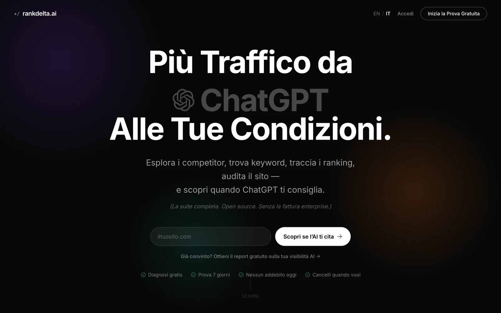 Il check gratuito di AI visibility di RankDelta: inserisci un dominio e scopri se ChatGPT ti cita