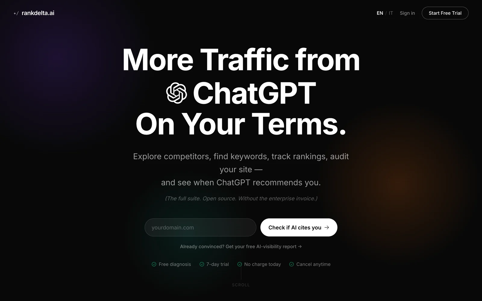 RankDelta's free AI-visibility check: enter a domain and see whether ChatGPT cites you