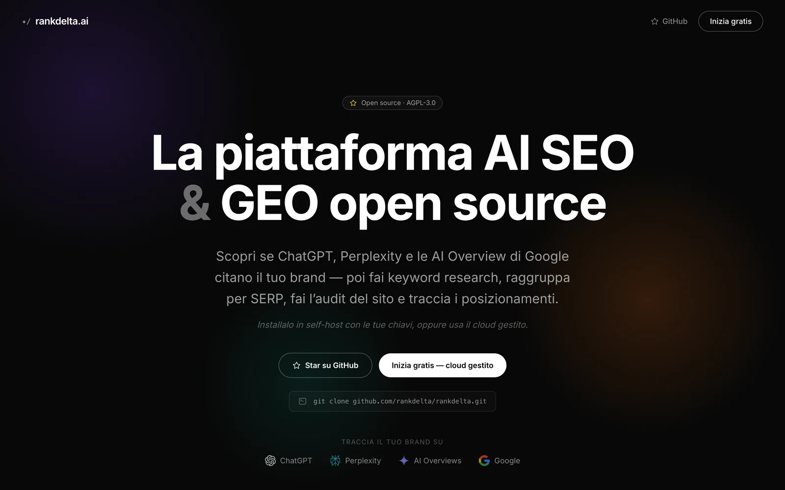 La pagina open-source di RankDelta: codice AGPL, self-hosting con le tue chiavi