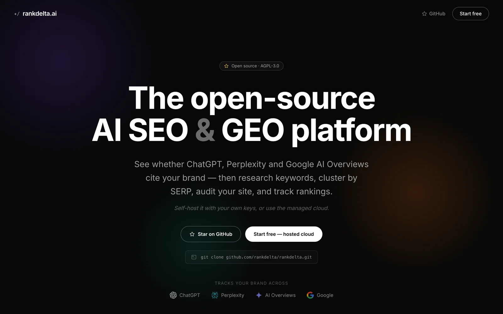 RankDelta's open-source page: AGPL code, self-host with your own keys